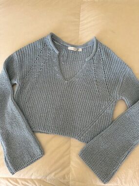 Altar'd State Powder Blue V-Neck Cropped Knit Sweater